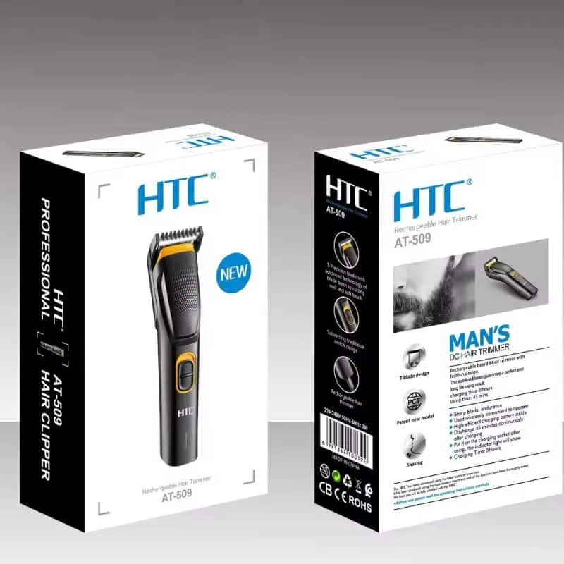 HTC AT-509 Cordless & Rechargeable Trimmer with 8 Length Settings and Self-Sharpening Blades for Beard and Hair Care (P-2688)