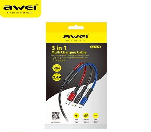 Awei CL-971 3-in-1 2.4A Fast Charging Cable 1m